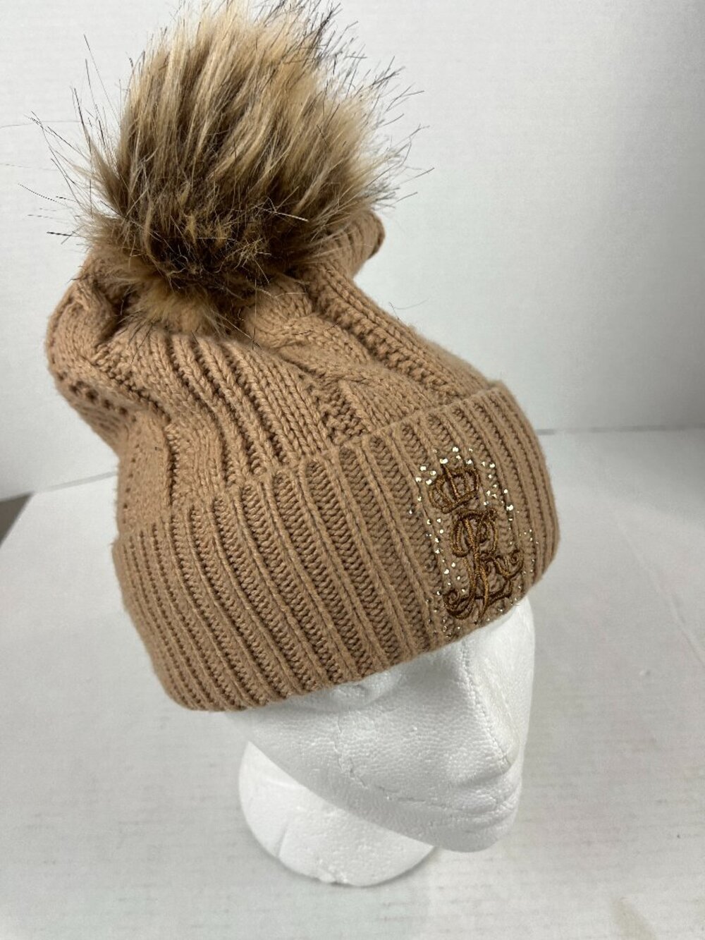 Women's Beige Cable knit Pom Knit Hat, Lauren Ralph Lauren, OS, NWOT